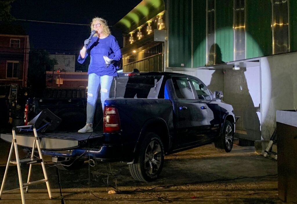 Comedian Judy Gold performed at an improvised drive-in